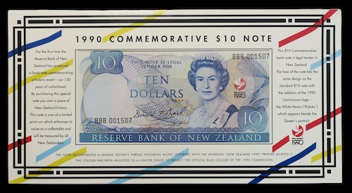 Treaty of waitangi anniversary ten dollar note folder 1990