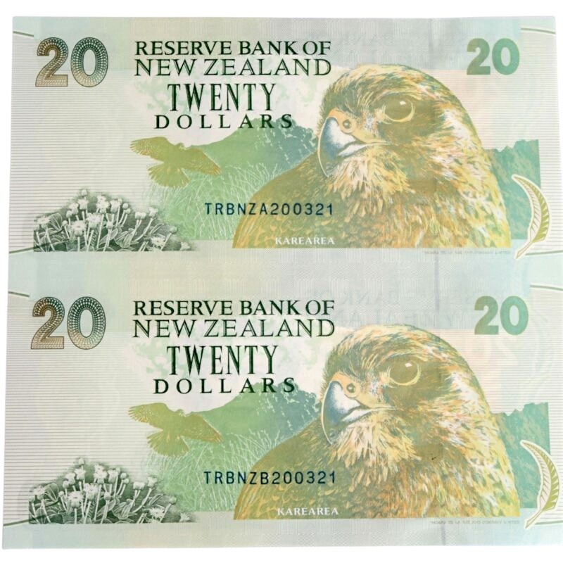 Uncut pair reverse serials new zealand 20 dollar notes
