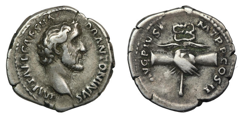 Roman denarius clasped hands unusual reverse
