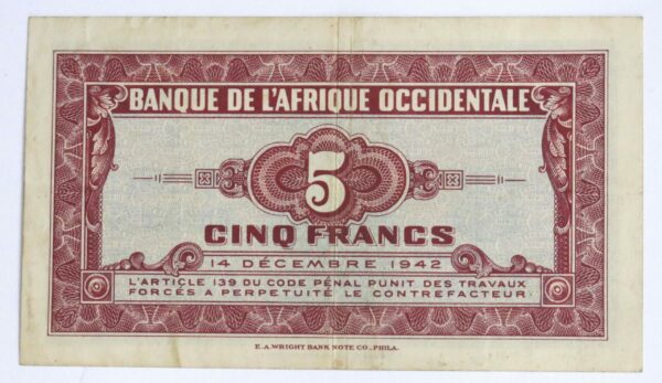 French West Africa 5 Francs 1942