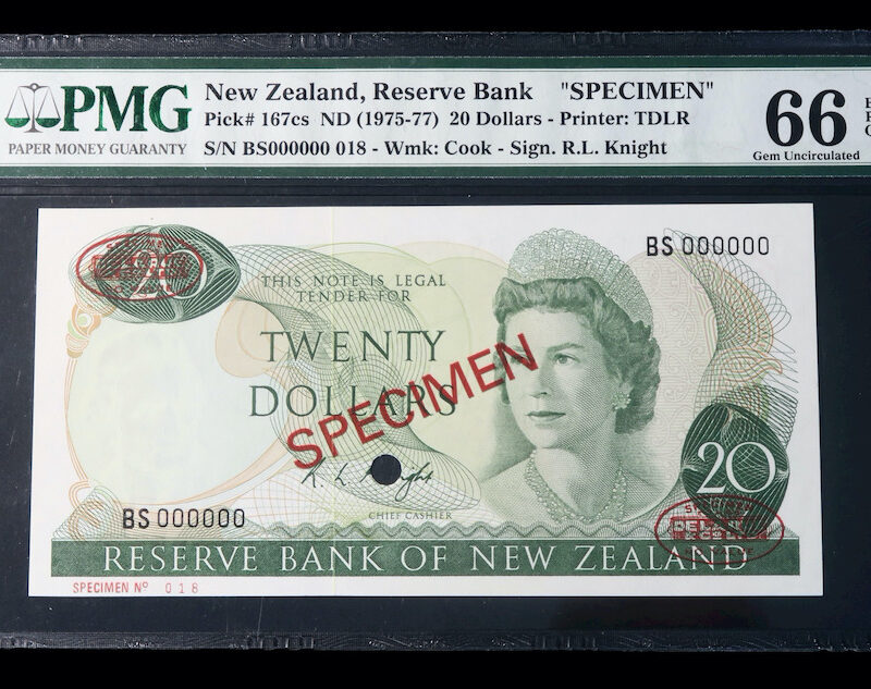 Zealand specimen 20 dollar note
