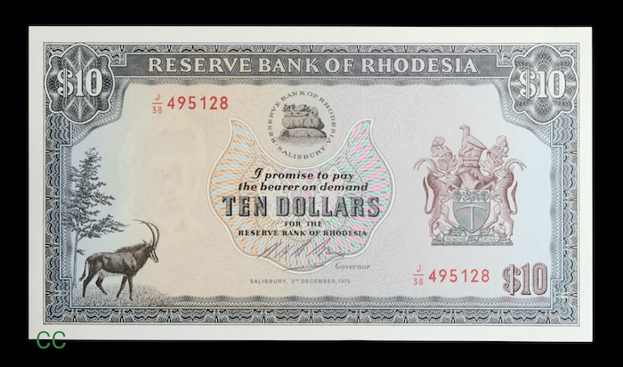 Rhodesia ten dollars 1975