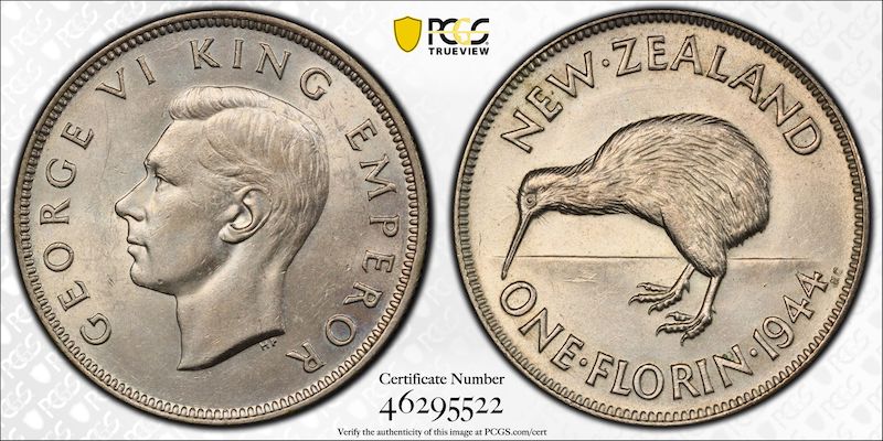 New zealand 1944 scarce florin