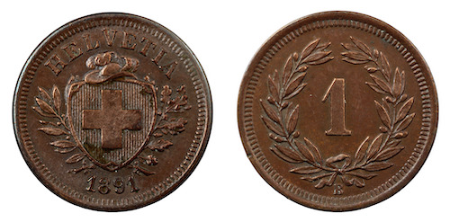 Swiss one rappen coin 1891