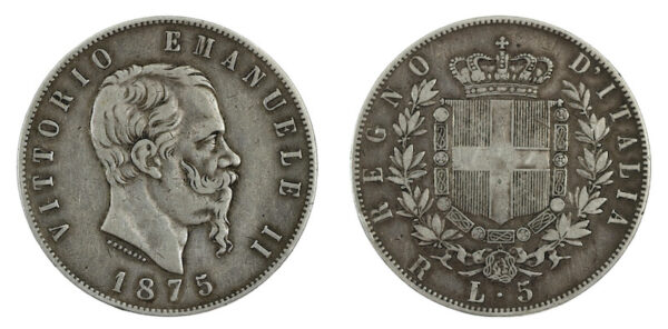 Kingdom of Italy 5 lire 1875 rome mint