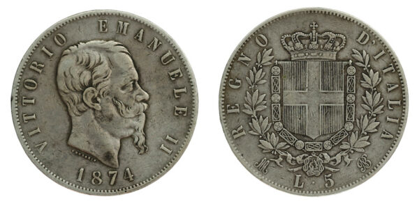 Italy five lire 1874 milan mint