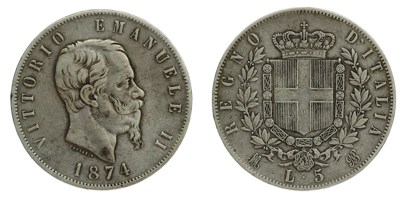 Italy five lire 1874 milan mint