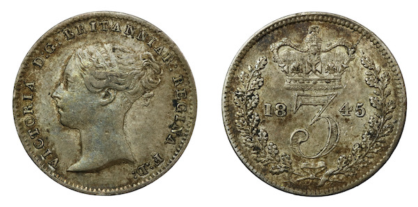 Victoria youg head threepence 1845