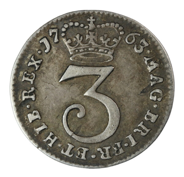 British 3 penny coin dated 1763 george thirds reign