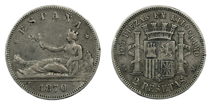 Spanish collectors coins teo pesetas 1874