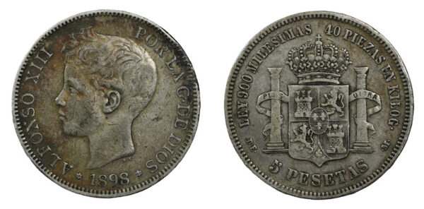 Spain five peseta crown sized coin 1898