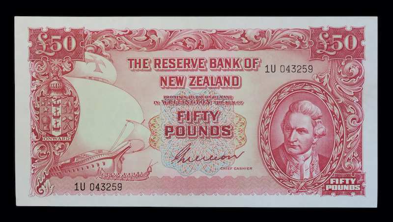 New zealand captai cook banknote50 pounds 1955 to 1956