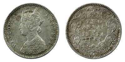 British india silver two Anna 1884