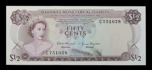 Bahamas fifty cent banknote 1968