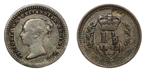 Three halfpence 1843 british fractional coin