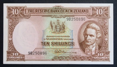 Zealand paper 10 shilling note with captain cook