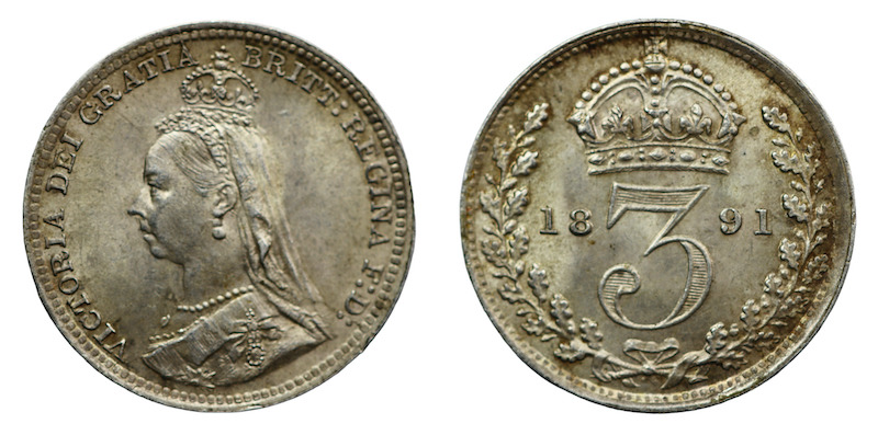 Queen Victoria jubilee coinage threepence 1891