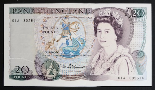Queen elizabeth banknotes 20 pounds 1984 somerset signature