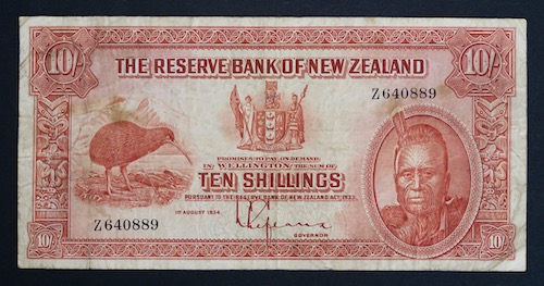 New zealand firat prefix ten shillings banknote 1934