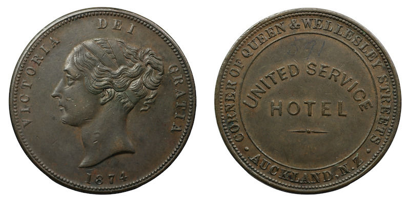 Queen victoria token aucklands united service hotel 1874