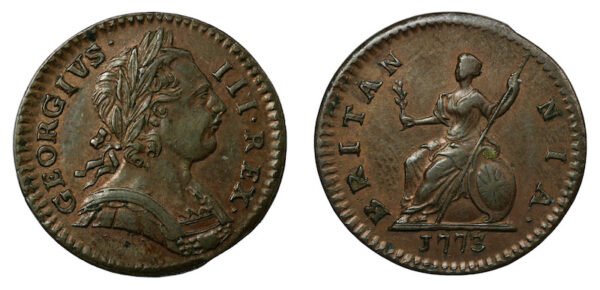 1773 britania farthing high grade example