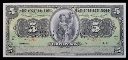 Banco de guerrero five pesos 1914