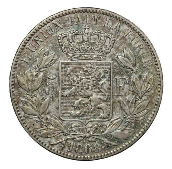 Belgium large silver 5 franc coin 1868