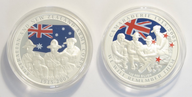 Proof silver coins with colour anzac commemoratives
