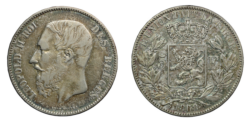 Belgium leopold 5 francs 1868