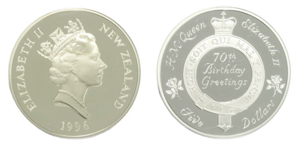New zealand 70th birthday five dollar coin 1996