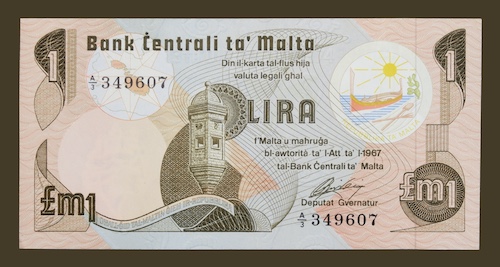 Bank of malta one lira banknote 1967