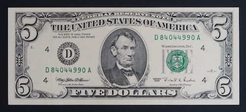 Abrahan lincoln 5 dollar note series 1995