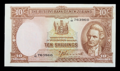 Captain cook new zealand 10 shilling note 1948