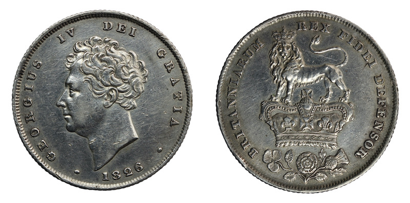 Silver shilling 1826 lion on crown