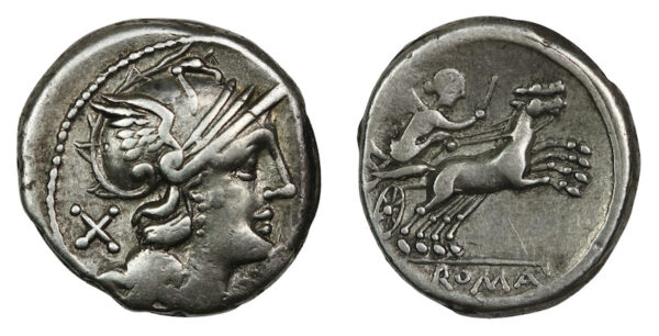 Roman chariot the biga silver denarius roma and victory