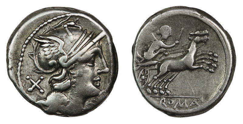 Roman chariot the biga silver denarius roma and victory