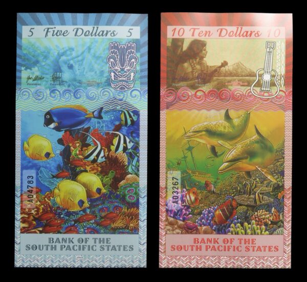 Beautiful colourful South Pacific states banknotes