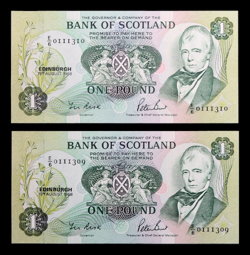 Bank of scotland fresh and crisp pound note pair 1988