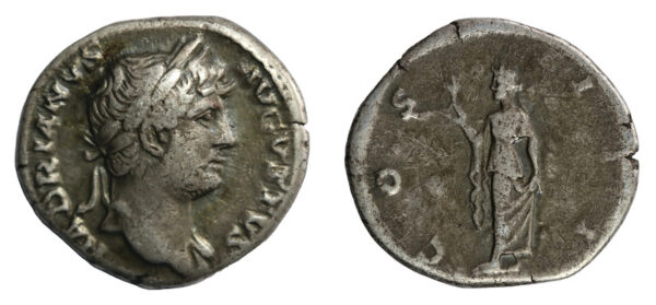 Emperor hadrian silver denarius rome ad 117 to 138