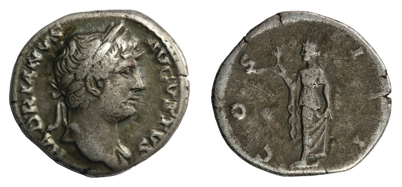 Emperor hadrian silver denarius rome ad 117 to 138