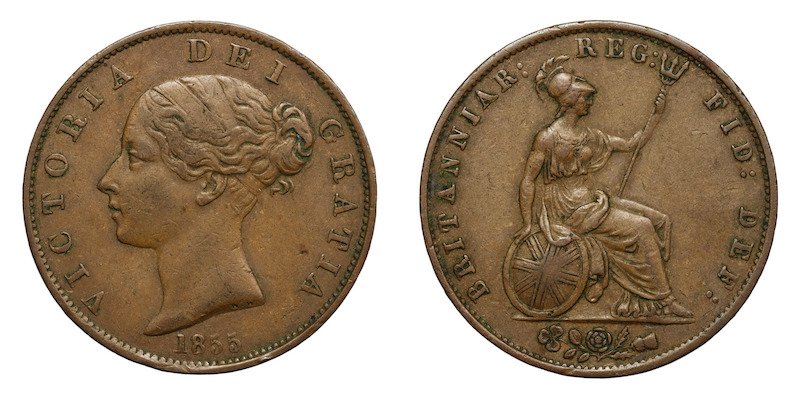 British halfpenny 1855 excellent gvf example of this victorian copper coin