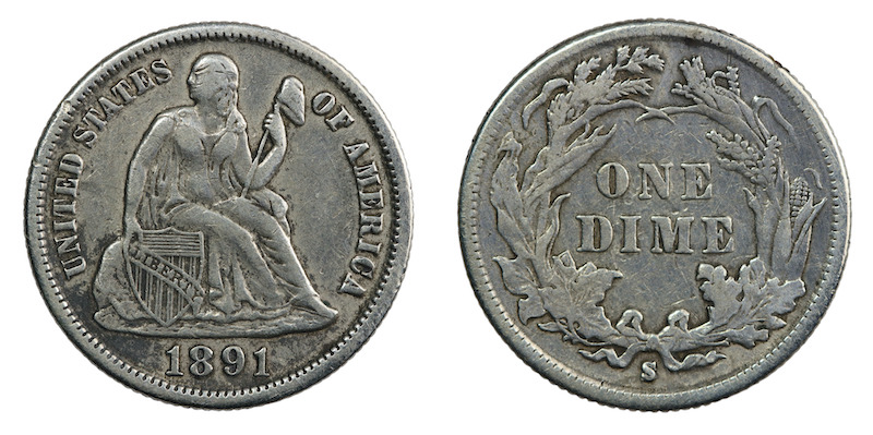 Seated libert dime 1891 s