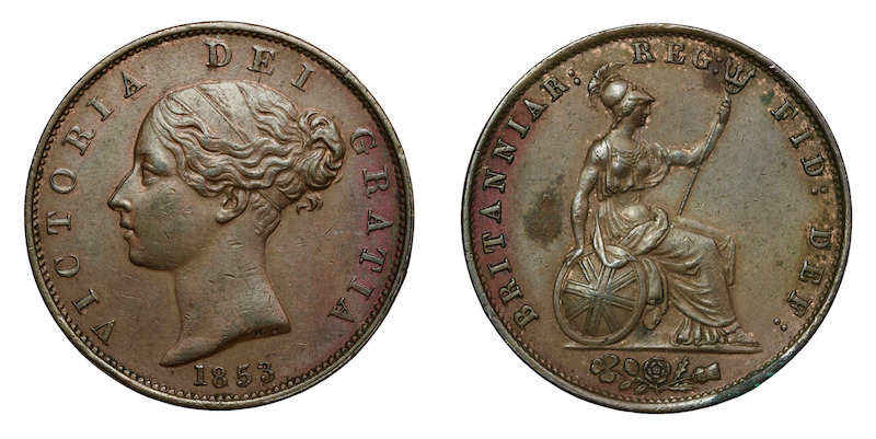 Copper halfpenny 1853 double struck obverse