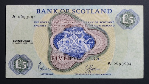 Bank of scotland paper five pounds 1968