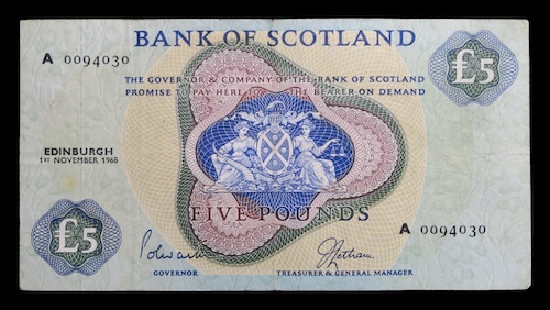 Bank of scotland paper five pounds with htistle watermark