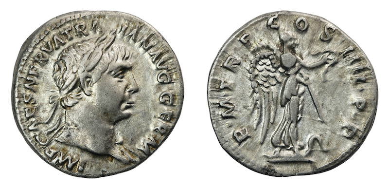 Coins of trajan struck at the Rome Mint in the year 102 a d