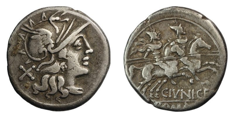 Roman dioscuri and roma silver denarius coins
