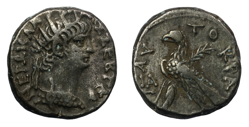 Nero tetradrachm struck in alexandria in 64 to 65 ad