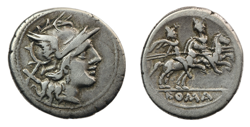 Roman Republic denarius 211 to 206 bc anonymous issue