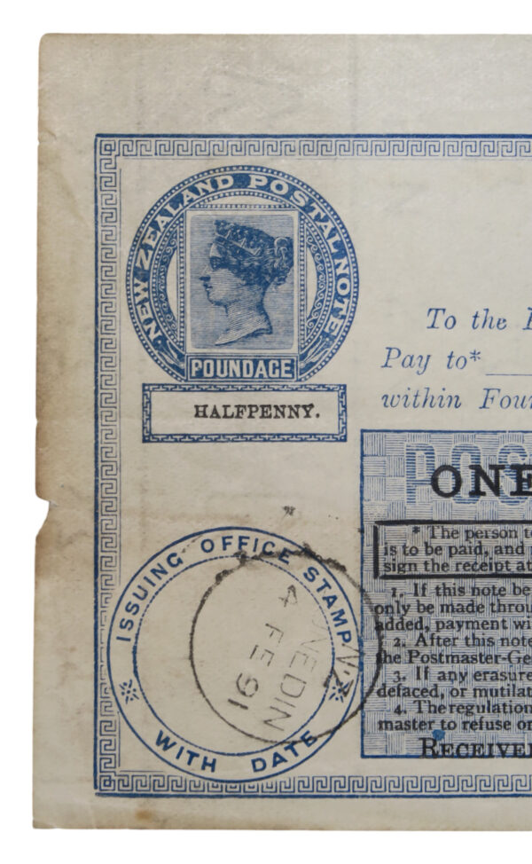 Victorian new zealand colonial postal note one shilling 1891
